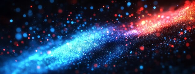 abstract cosmic background with glowing blue and red particles forming a swirling nebula-like patter