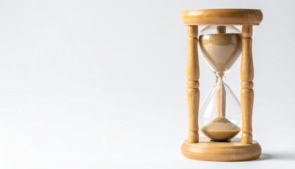 Hourglass on white background, detailed textures of glass and sand, concept of time.