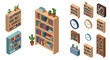 © Zayed - Collection of isometric bookshelves filled with books and decorative plants.