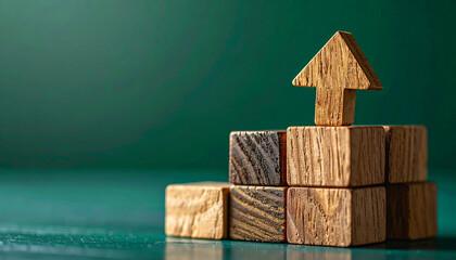 Wooden arrow and cube blocks. Business growth and improvement. Dark green background.