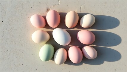 Pastel Easter eggs arranged in a geometric pattern on a concrete surface, bathed in soft morning light.
