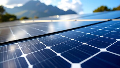 Focus on solar panel array capturing sunlight against a blurred mountain backdrop. Clean energy concept with a sustainable focus
