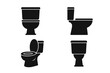 © Florian - Minimalist toilet icon set. Black silhouette vector illustration. WC restroom sign collection in various angles. Simple flat design bathroom plumbing symbol for web and print.