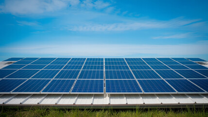 Array of solar panels against a blue sky generating clean energy