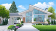 © rosidah - Modern single house with large windows, clean facade, and grey roof in front view.