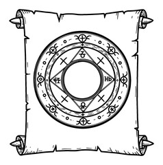 Wall Mural - magic circle symbol drawn in an old scroll black and white outline line art drawing