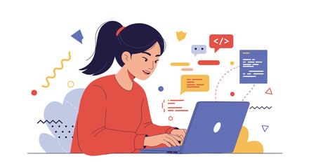 Creative flat vector illustration depicting a woman engaged in coding project