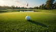 © Chanh2990 - a golf ball rests perfectly on the meticulously mowed green,the flagstick a vibrant punctuation mark in the distance with the rolling fairways and a serene pond visible under a soft,diffused sky.