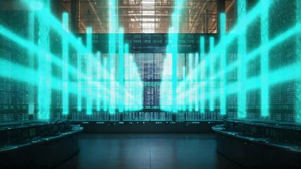 Futuristic Data Center Neon Grid Interior with Glowing Lines and Reflections