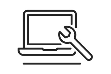 Laptop repair line icon. Computer service, maintenance. Tech support symbol. Wrench tool for notebook PC hardware, software diagnostics. IT help desk, setup concept vector.
