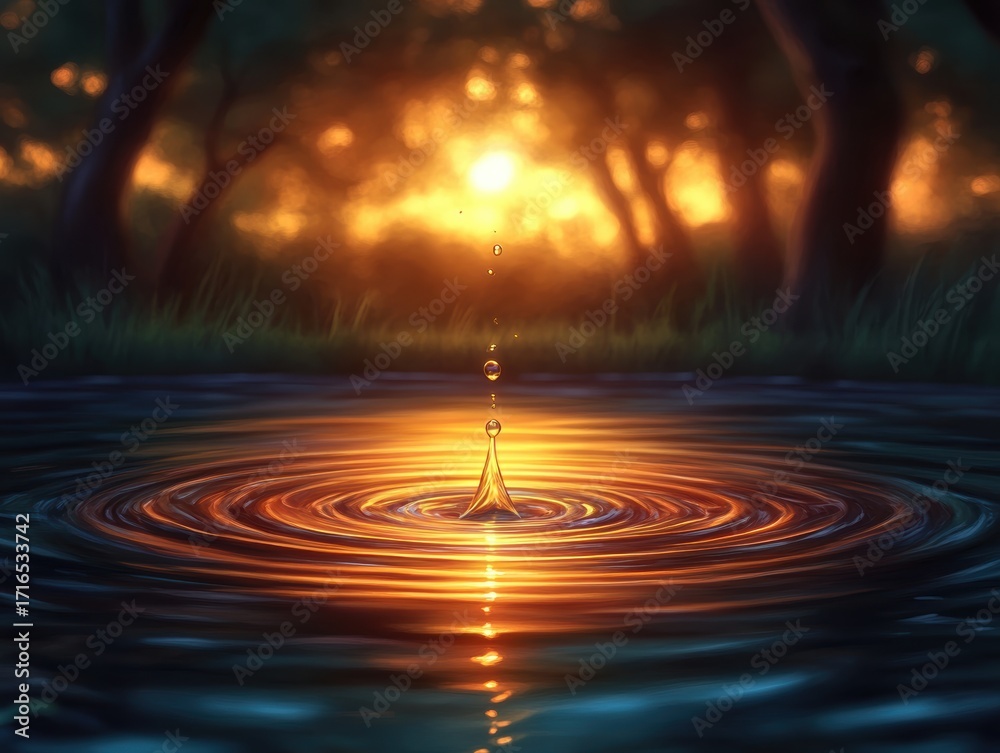 Golden liquid stream falling into blue water creating glowing whirlpool, fantasy magical energy flow with vibrant reflections, generative AI illustration