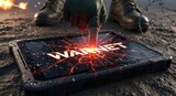 Finger pressing illuminated W A R N E T text on cracked tablet screen with boots and barbed