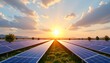© anucha - a large solar farm at sunset, with the sunlight streaming through a frame of power lines.
