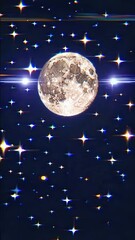 Wall Mural - Aesthetic video of the moon with a retro VHS style, captured from a low angle, surrounded by shimmering stars in a dark night sky. Mobile wallpaper ratio.