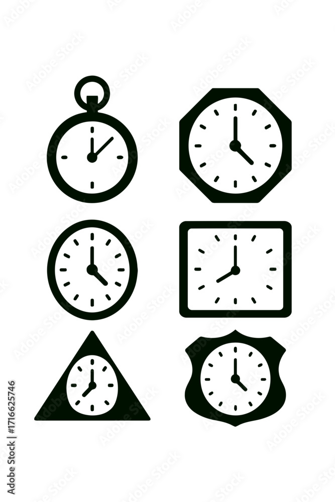 Vector art of six different types of clocks, including a stopwatch, a ...