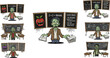 © Asha Creatives - Funny zombie teacher cartoon standing in classroom with chalkboard, spooky math equations and horror school rules vector illustration design