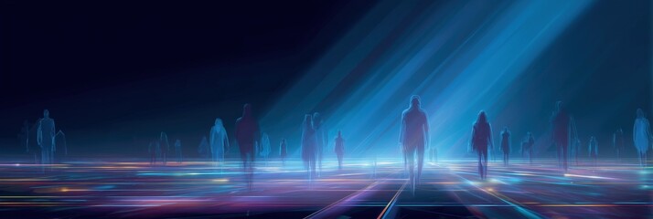 abstract digital landscape with glowing lines and figures of people on a blue background, a futuristic network concept banner Generative AI