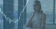 © vectorfusionart - Adult female analyst reviewing financial charts on glass wall in office, city skyline, copy space