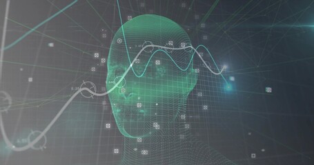 Wall Mural - Displaying green wireframe head in grid space, with network nodes, square data icons and line graph