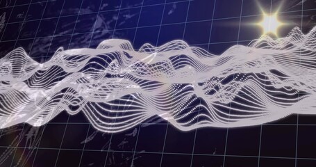 Wall Mural - Flowing white dotted mesh wave across 3D grid plane, with world map outlines and starburst flare
