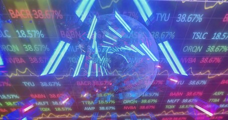 Wall Mural - Rotating 3D sphere with neon rods in triangular frame trading UI, scrolling tickers line graphs