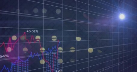 Wall Mural - Displaying data graphs tracing red and blue lines on digital dashboard, featuring bars, flare