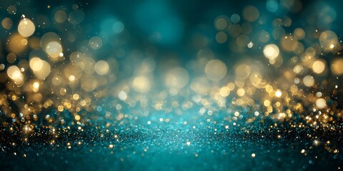 Abstract teal and gold bokeh background with sparkling lights creates a luxurious and festive atmosphere for holiday and celebration designs