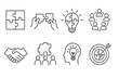 © Daniela - Teamwork and puzzle icon set for collaboration, solution finding, business strategy. Line icons for innovation, ideas, integration, partnership, and achieving shared goals.