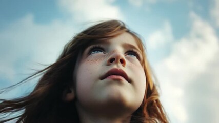 Wall Mural - A young girl with long red hair looks up at the sky, lost in thought