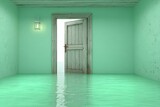 Mysterious mint green room flooded with water, an open door to an unknown.
