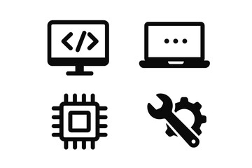 Minimalist technology icon set vector. Symbols for coding, programming, web development. Icons for software, app, UI, UX design. Computer, CPU, hardware, settings pictogram.