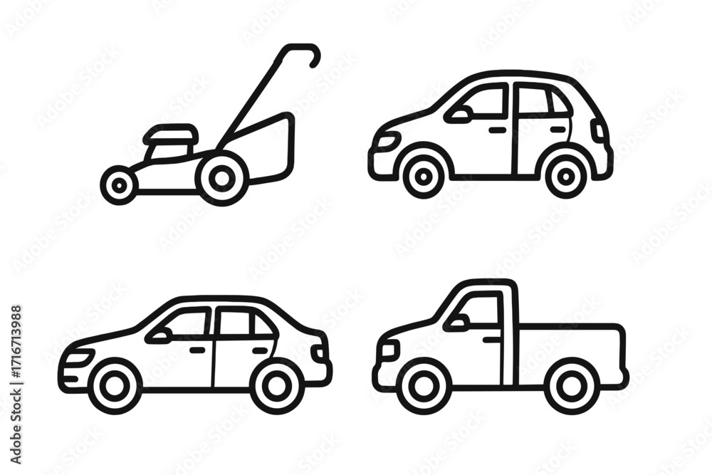 Vehicle and gardening equipment line icon set. Lawn mower, car, sedan, and pickup truck drawings. Vector symbols for transport, automotive, and lawn care themes. Isolated.