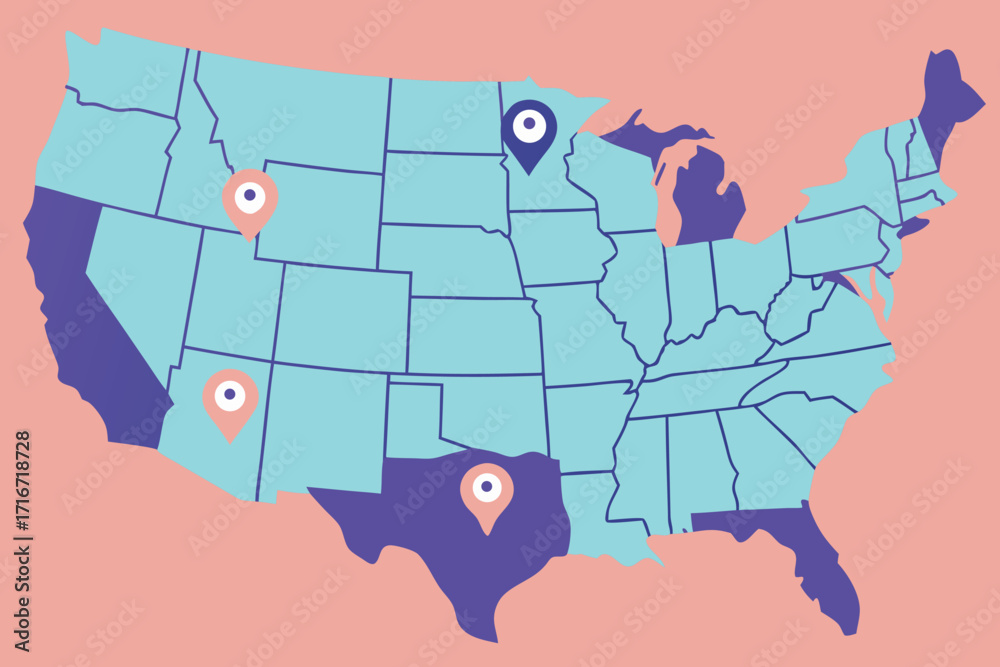 USA map with pastel colors and location pins united states america map ...