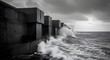 © Studio.no7 - Dramatic black and white image of a concrete sea wall protecting against crashing waves under a stormy sky, capturing the power of nature and architecture in a coastal landscape.