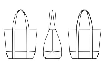 Professional tote bag design template showing front, side, and back views for fashion and product development