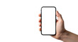 © Hortensia - A male right hand with pale skin holds a black vertical smartphone with a blank white screen against a clean studio background, ample copy space to left, ready for content. Concept of modern