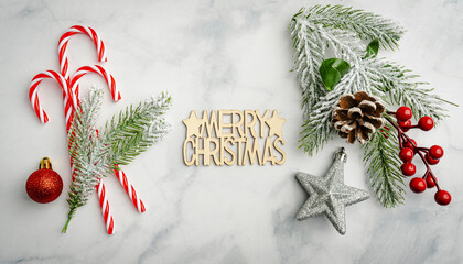 Wall Mural - christmas and new year background with candy canes with holiday decorations and fir branches on a ma