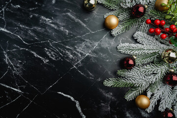 Wall Mural - christmas and new year background with fir branches with holiday decorations and pine cones on a dar