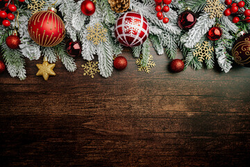 Wall Mural - christmas and new year background with a festive scene with gold and red christmas ornaments and fir