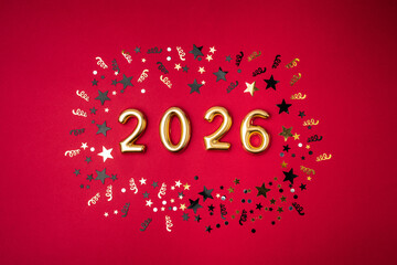 Wall Mural - christmas and happy new year 2026 with gold glitter decorations on red bright background. holiday pa