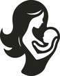 © Rodila Graphic - Elegant vector logo showing a mother tenderly holding her baby in a heart-shaped embrace, symbolizing love, care, and maternal connection.