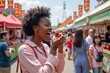 © WoodHunt - A black woman is tasting a strawberry at a Japanese strawberry festival. The background shows festival stalls, colorful banners, and happy visitors
