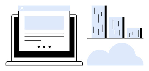Open laptop displaying webpage interface paired with bar chart and cloud visual. Ideal for data analysis, online growth, technology, cloud storage, business strategy, digital marketing, simple flat