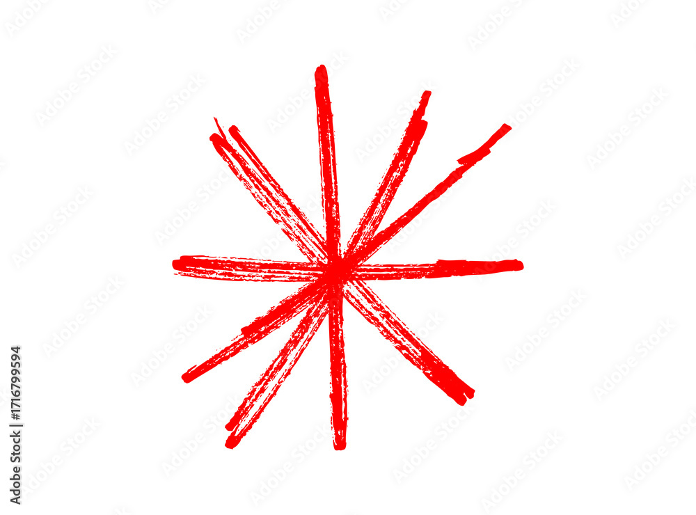 Hand-drawn red scribble starburst, abstract sketch cross shape, grunge crayon texture mark, doodle burst design isolated on white background