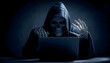 © wolfelarry - Grim Reaper of Death finding victim online, Internet scam cybercrime fraud, illegal criminal activity on laptop, spam, Halloween cosplay costume, black hooded cape, skull face mask, skeleton gloves