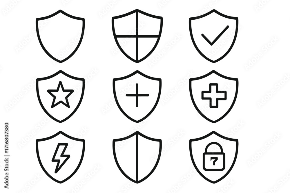 Shield icon set for security and protection concepts. Vector line art ...