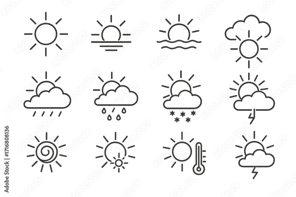 Sun and Weather Icons Set with Editable Stroke, Thin Line Vector ...