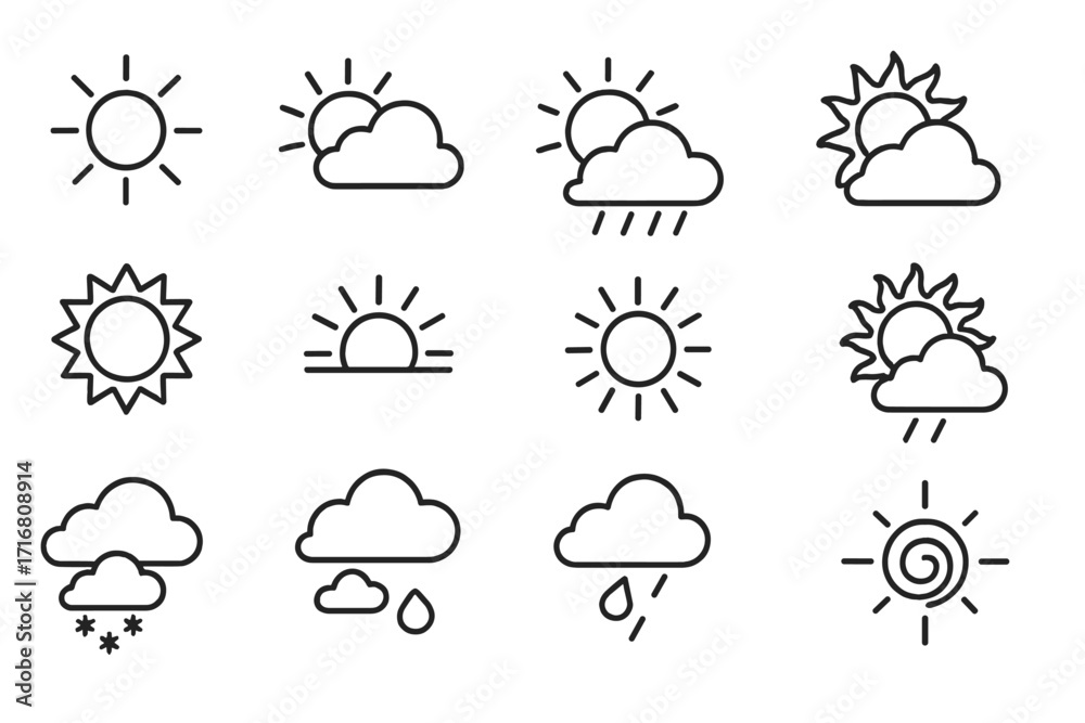 Weather forecast line icon set. Sun, cloud, rain, and snow symbols ...
