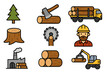 © Jen - Lumberjack and logging industry icon set. Wood cutting, forestry, and timber processing. Vector icons collection for sawmill, logger, axe, tree, stump, and transport truck.