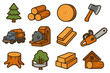 © Jen - Timber industry icon set. Logging and woodworking vector collection. Lumberjack tools, forestry equipment, sawmill, wood processing, axe, log, lumber, planks, tree, truck.